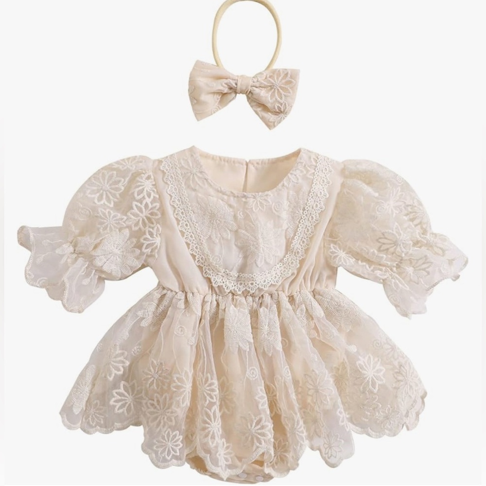Boho Romper Puff Sleeve Lace Flower Ruffle Tutu Dress with Headband